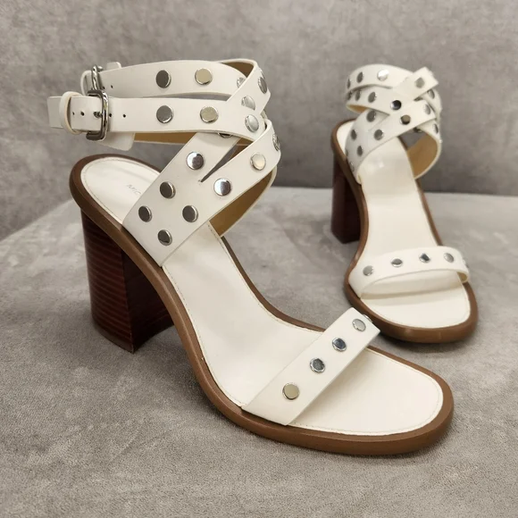 Michael Kors Heeled Sandals 7.5 White Woven Leather Irene Studded Silver New$195